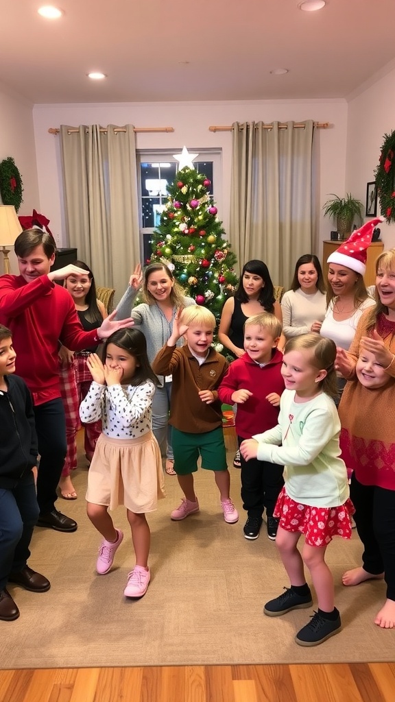 A group enjoying the Christmas Head, Shoulders, Knees, and Toes game in a decorated living room.